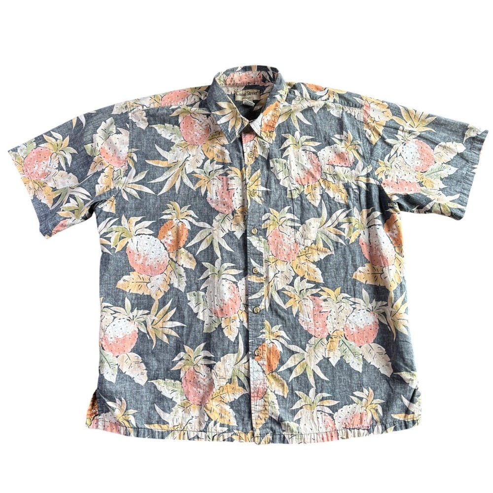 Cooke Street Honolulu Mens 2XL Pineapple Floral Cotton Aloha Shirt‎ Black Orange